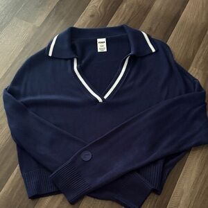 PINK Victoria's Secret Navy V-Neck Collared Sweater with White Trim